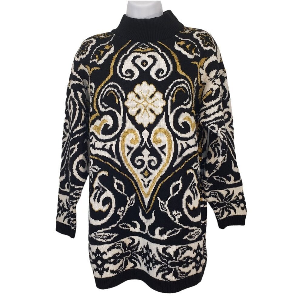 VTG Sweater Exchange Bold Oversized Metallic Tunic Sweater Retro Gold B & W Size
